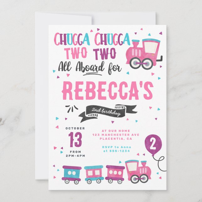 Invitación Chugga Chugga Choo Chica Tren Fiesta de cumpleaños (Anverso)