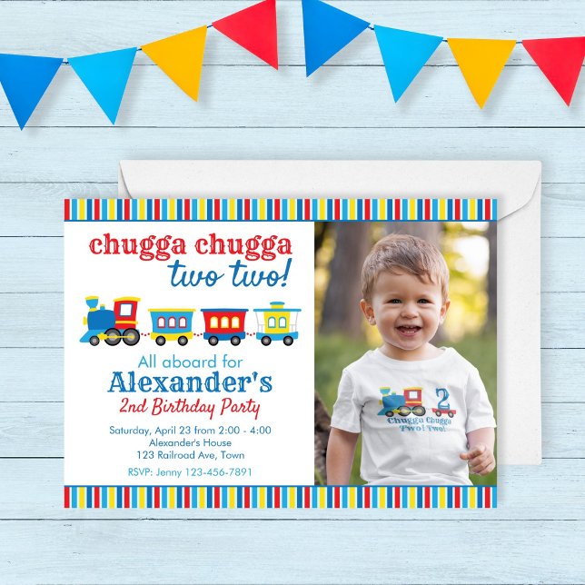 Invitación Chugga Chugga Dos Cumpleaños del Tren (chugga chugga two two! Invitation for a train birthday party for a two year old. primary colors)