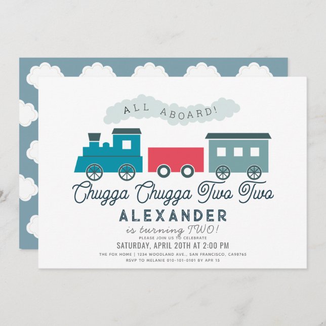 Invitación Chugga Chugga Dos trenes Blue Boy Segundo cumpleañ (Anverso / Reverso)