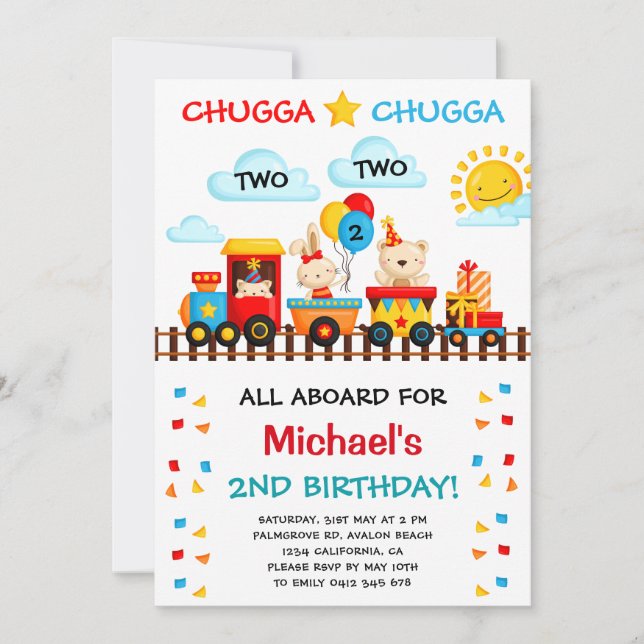 Invitación Chugga Chugga Dos trenes Segundo cumpleaños (Anverso)