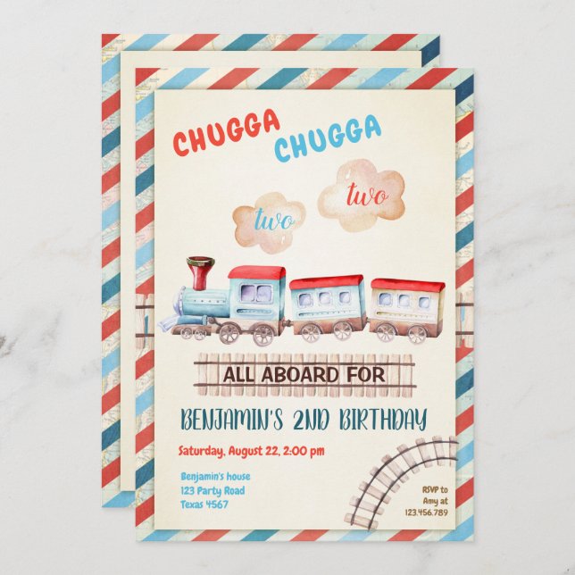 Invitación Chugga Dos Choo Boy Rojo Azul Segundo cumpleaños (Anverso / Reverso)