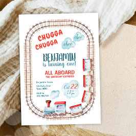 Invitación Chugga Train Choo Boy Red Blue Birday Rails