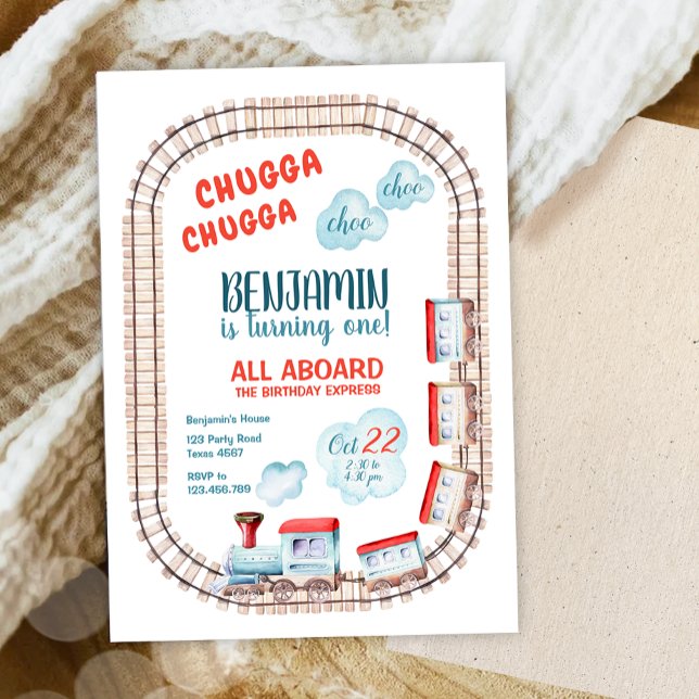 Invitación Chugga Train Choo Boy Red Blue Birday Rails (Subido por el creador)