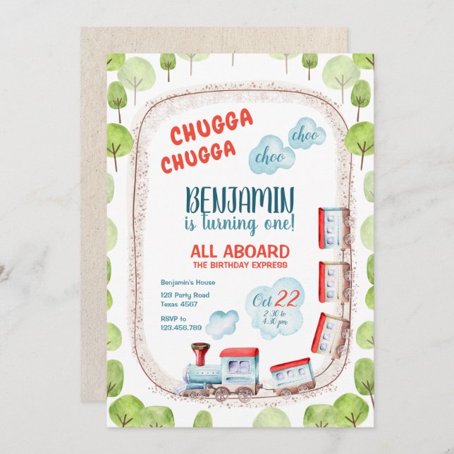 Invitación Chugga Train Choo Boy Red Blue Birday Rails (Anverso / Reverso)