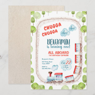 Invitación Chugga Train Choo Boy Red Blue Birday Rails