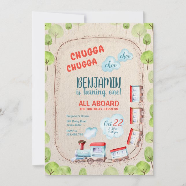 Invitación Chugga Train Choo Boy Red Blue Birday Rails (Anverso)