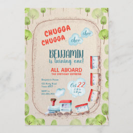 Invitación Chugga Train Choo Boy Red Blue Birday Rails