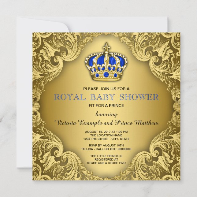 Invitación Chulo Príncipe Baby Shower Azul y Dorado (Reverso)