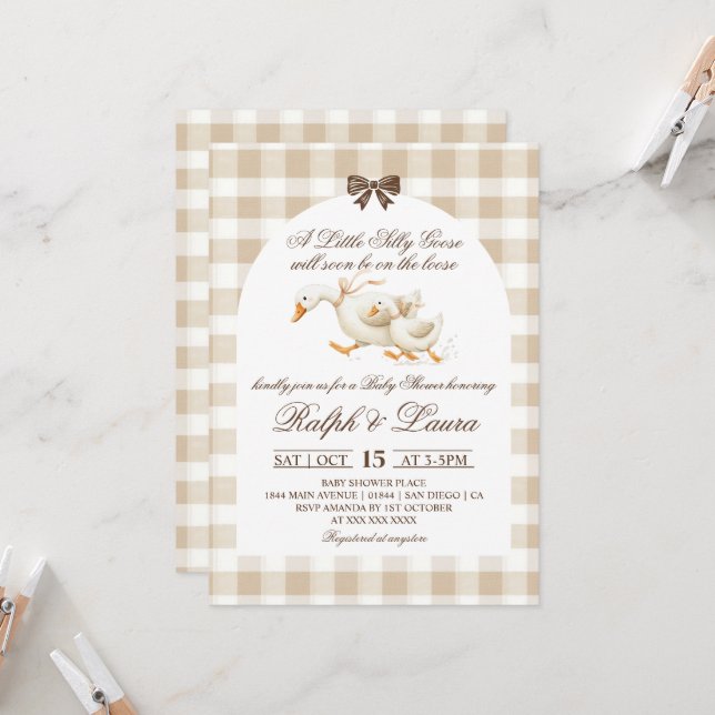 Invitación Chupada de Ganso Neutral Gingham Baby Shower (Anverso/Reverso In Situ)