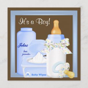 Invitación Chupete Botella Azul Marrón Ducha Niño