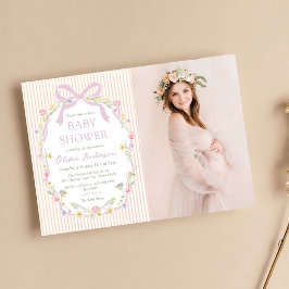Invitación Chupete con lazo rosa y rayas florales para baby s