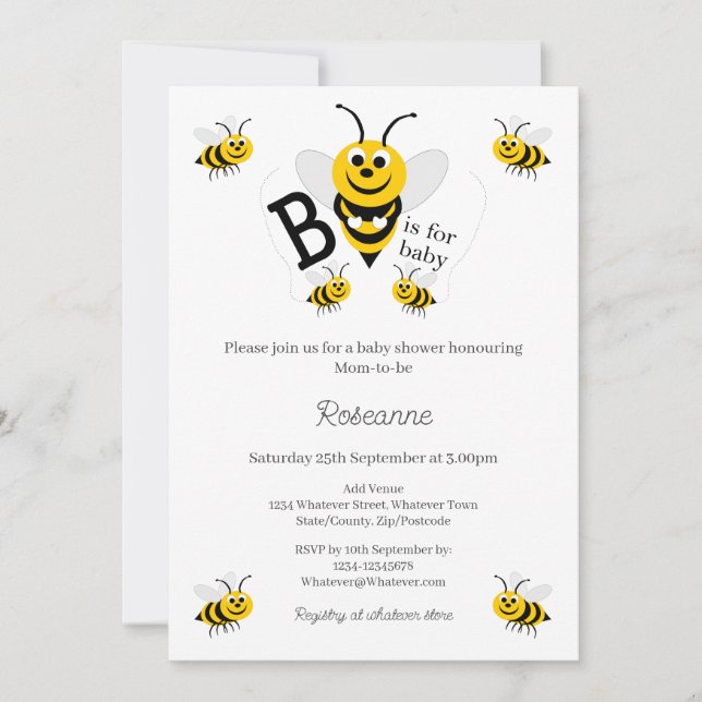 Invitación Chupete de abeja para baby shower (Anverso)