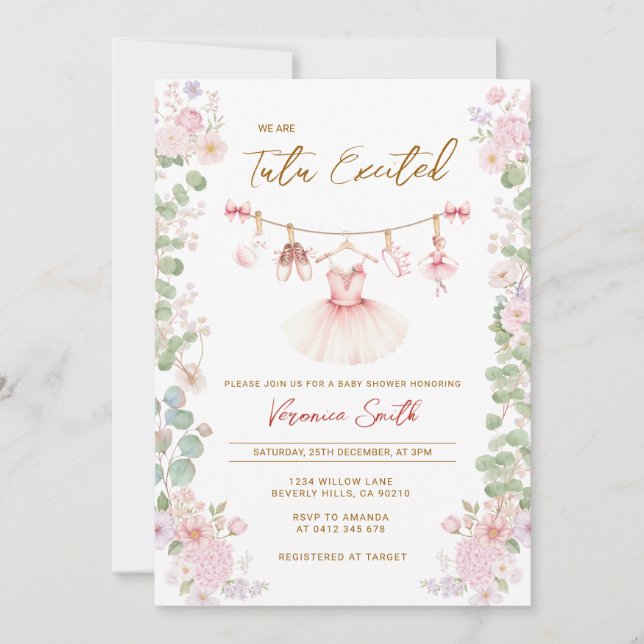 Invitación Chupete de Bailarina Emocionada con Tutú Floral Ro (Anverso)