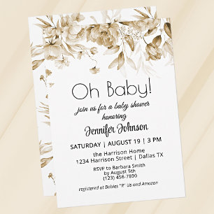 Invitación Chupete de bebé con flores vintage sepia neutrales