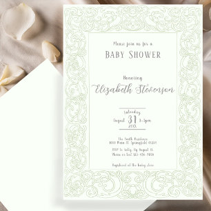 Invitación Chupete de bebé con volutas de verde salvia elegan