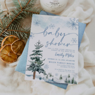 Invitación Chupete de bebé de invierno azul de pino acuarela