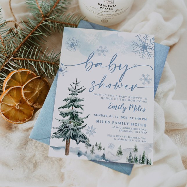 Invitación Chupete de bebé de invierno azul de pino acuarela (Subido por el creador)