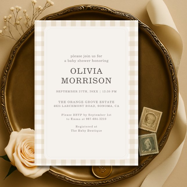 Invitación Chupete de bebé en beige gingham neutro (Subido por el creador)