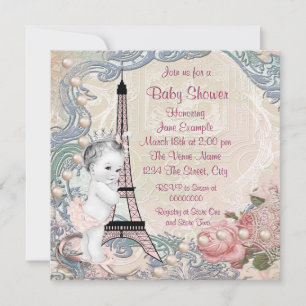 Invitación Chupete de bebé Vintage Rosa y Azul Teal París