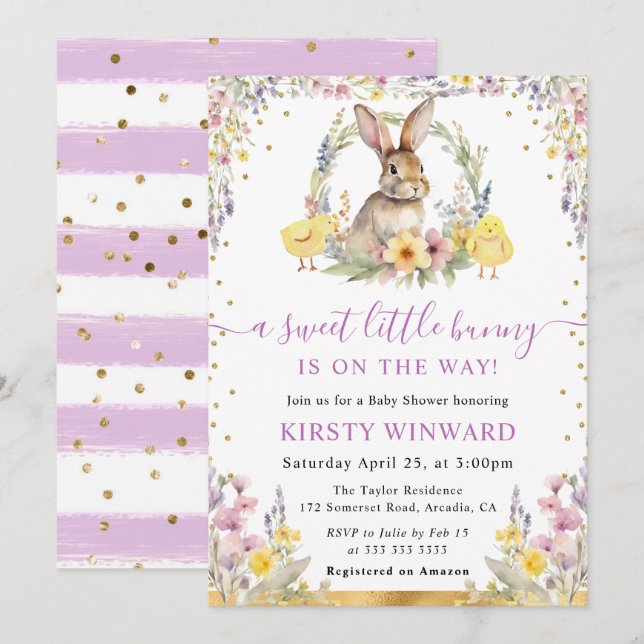 Invitación Chupete de conejo de acuarela y flores silvestres  (Anverso / Reverso)