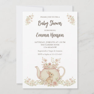 Invitación Chupete de conejo neutral y tetera floral para bab