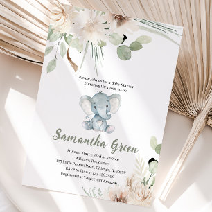 Invitación Chupete de elefante para baby shower neutro en cua