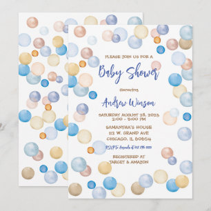 Invitación Chupete de lunares marrones y azules para baby sho