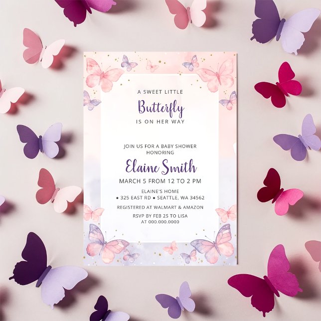 Invitación Chupete de Mariposa Rosa Morado  (Pink Purple Butterfly Baby Shower Invitation)