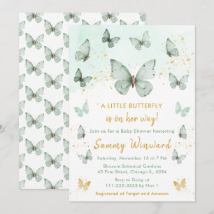 Invitación Chupete de Mariposa Verde Salvia y Dorado Baby Sho