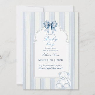 Invitación Chupete de osito retro de rayas azules y blancas p