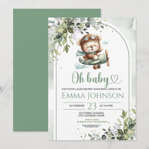 Invitación Chupete de oso de avión vintage para baby shower