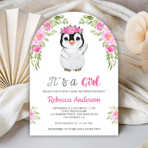 Invitación Chupete de pingüino floral con acuarela rosa para