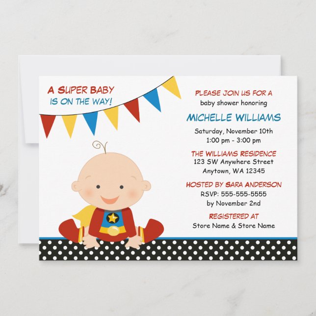 Invitación Chupete de superhéroe para baby shower (Anverso)