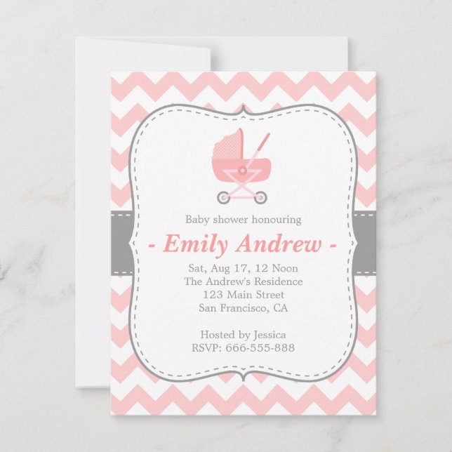 Invitación Chupete para bebé - Chevron rosa y blanco con coch (Anverso)