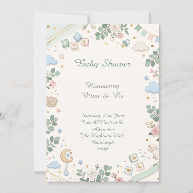 Invitación Chupete Pastel para Baby Shower (Anverso)