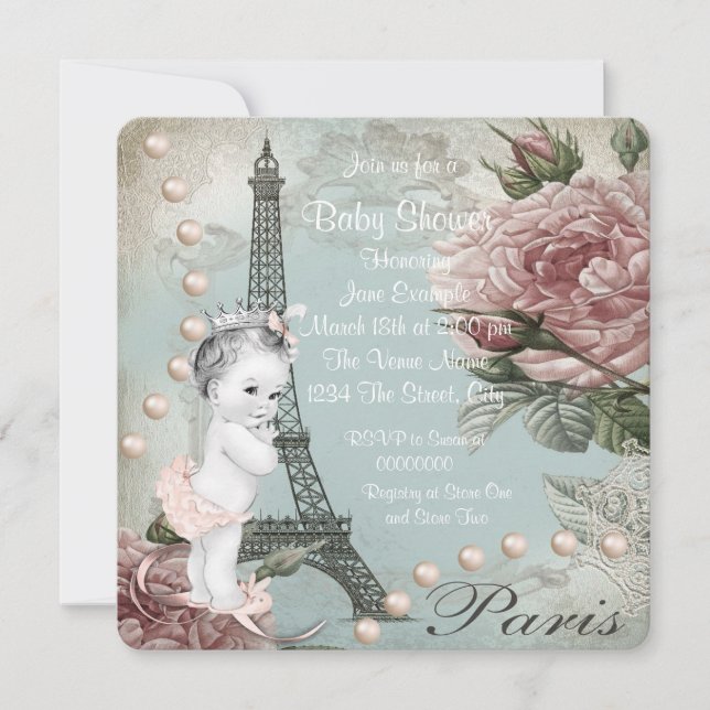 Invitación Chupete Vintage Rosa París (Anverso)