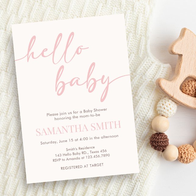 Invitación Chupeteada de Bienvenida para Bebé Rosa (Pink Hello Baby Minimalist Baby Shower invitation)