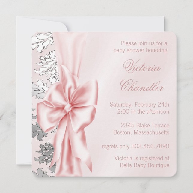 Invitación Chupeteada de Damasco Rosa y Gris para Bebe (Anverso)