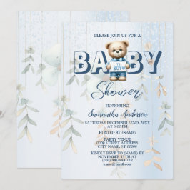 Invitación Chupeteado de bebé Oso de peluche lindo Azul Flora