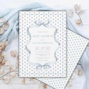 Invitación Chupeteado de lunares con cinta azul para baby sho