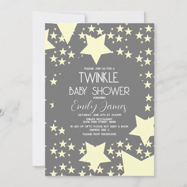 Invitación Chupeteador Twinkle Estrellas Amarillas Fondo Gris (Anverso)