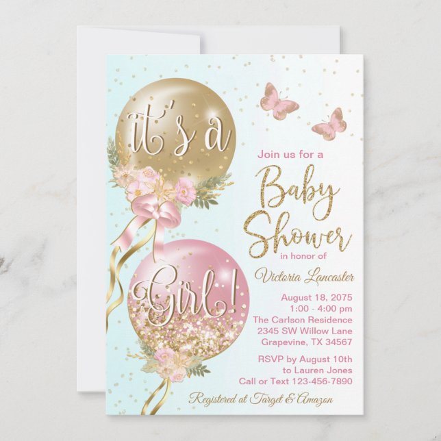 Invitación Chupetes Globos Mariposas Shower de Bebe Rosa Dora (Anverso)