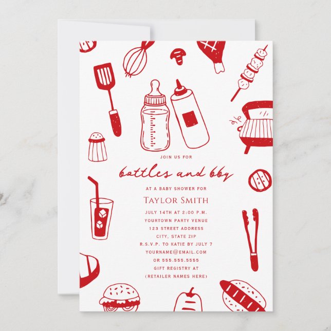Invitación Chupetes y barbacoa Cumpleaños de bebé rojo neutro (Anverso)