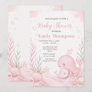 Invitación Chupetón de Ballena Rosa para Baby Shower Bajo el 