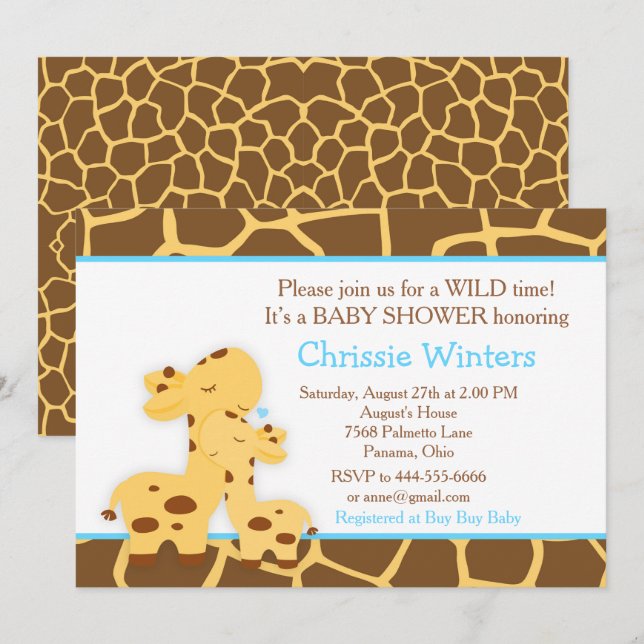 Invitación Chupetón de bebé Jirafa Niño Azul (Anverso / Reverso)
