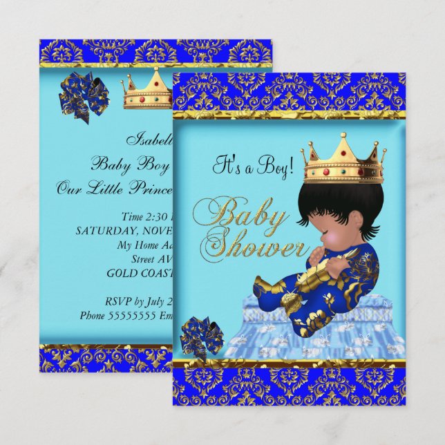 Invitación Chupinada Azul Oro Niño Príncipe (Anverso / Reverso)