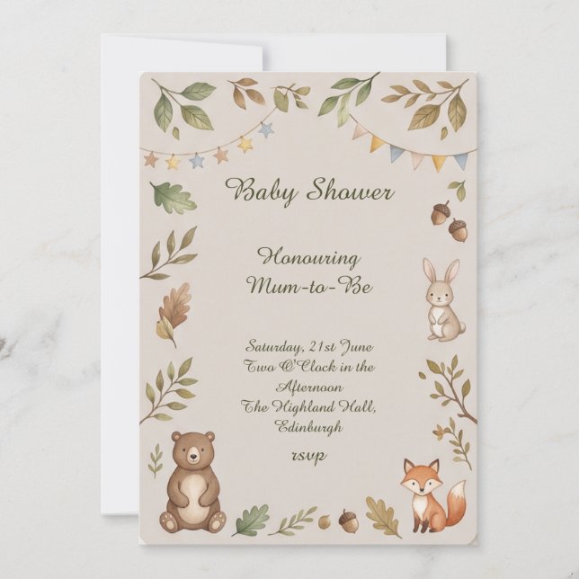 Invitación Chupinada de Animales del Bosque para Bebé (Anverso)