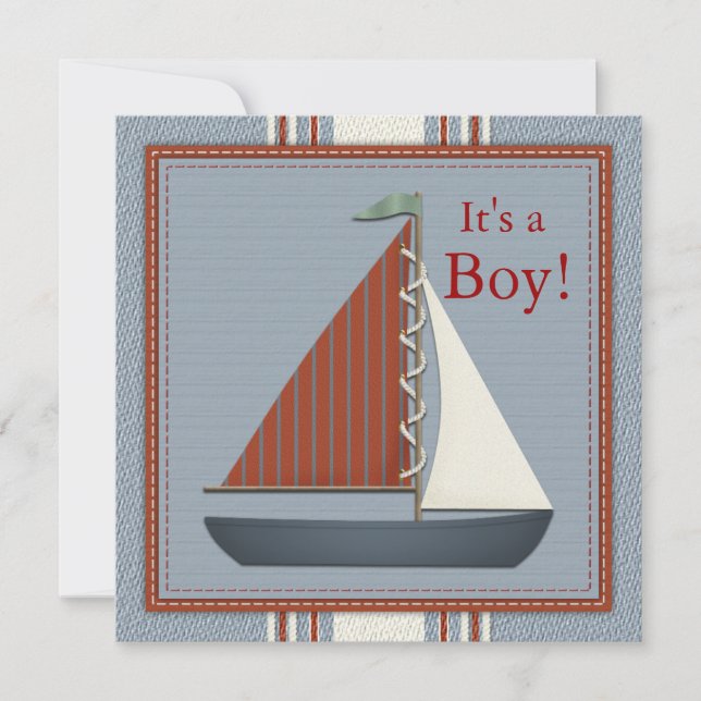 Invitación Chupinada de Barco de Vela Rojo y Azul para Bebé (Anverso)