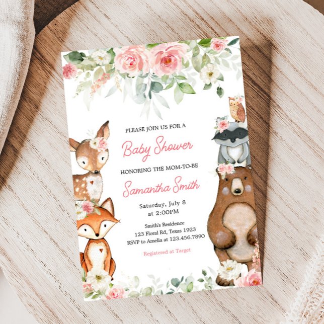 Invitación Chupinada de Bebé Animales del Bosque Floral (Floral Woodland Baby Shower Invitation)