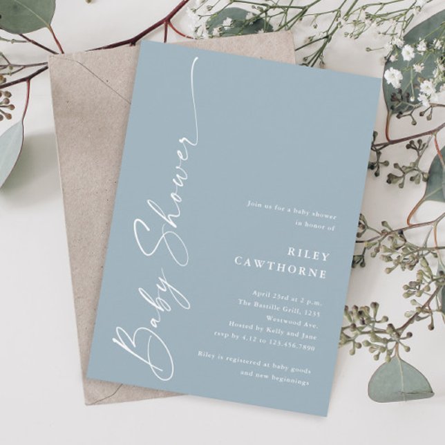 Invitación Chupinada de bebé azul polvoriento con guión elega (Modern script dusty blue boho boys baby shower invitation.)